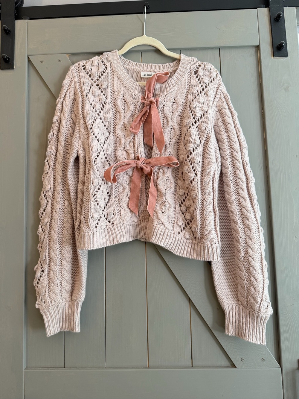 In Bloom Blush Cable Knit Crop Sweater with Velvet Ribbon